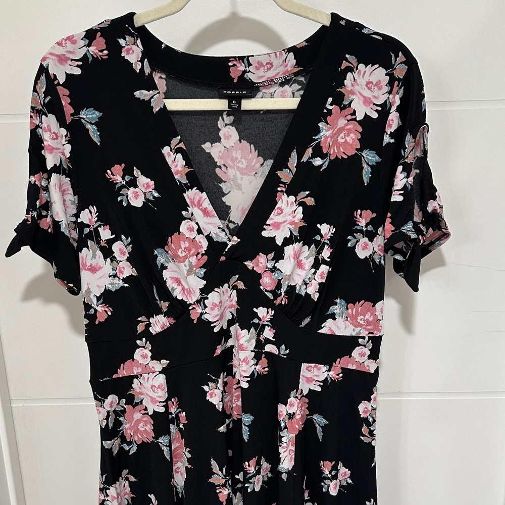 Torrid Plus Size Black Floral V-Neck Dress with Pink & White Blooms